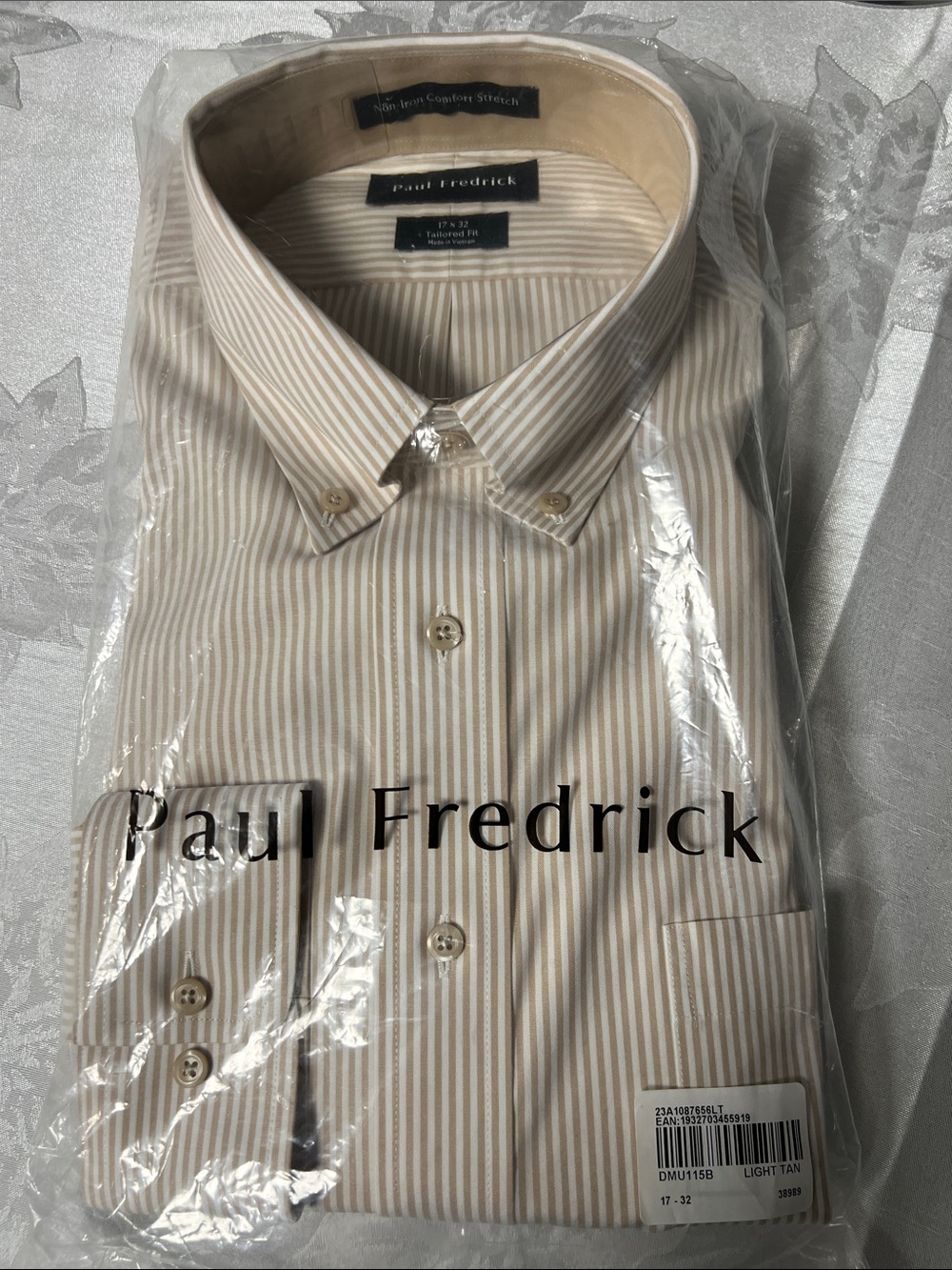 NWT Paul Fredrick Men’s Beige and White Striped Dress Shirt 17-32 Non-Iron